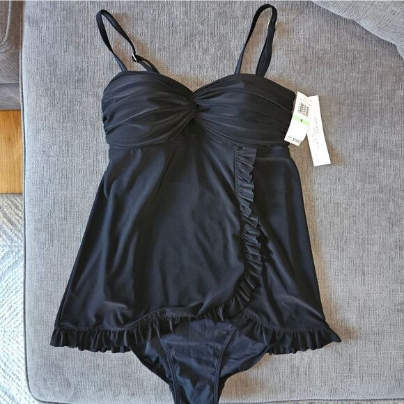 Beyond Control Women Black Twist Front Sweetheart Neckline Ruffle Swim dress 8 - Picture 14 of 16